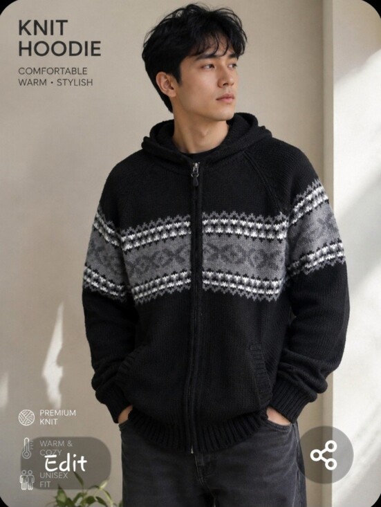 Point Zero Other - Point Zero Black Zip-Up Hooded Sweater with Gray Fair Isle Stripe